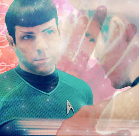 Edit of AOS Spock x Kirk, edited with pink space background and highlights with their hands joining in the Ta'al from Into Darkness partially covering the two